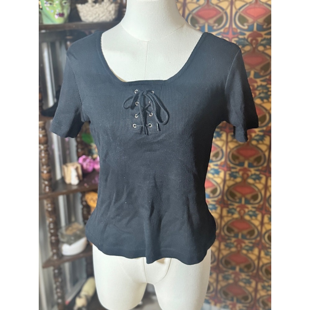 A. Byer Ribbed Lace-Up Square Neck Top Short Sleeve Womens